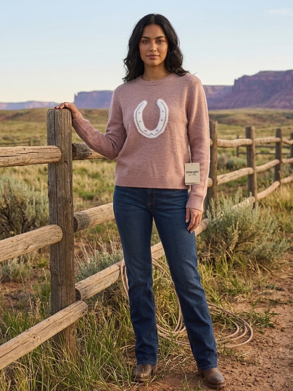 Wrangler Rose Pink Crewneck Sweater with White Horseshoe